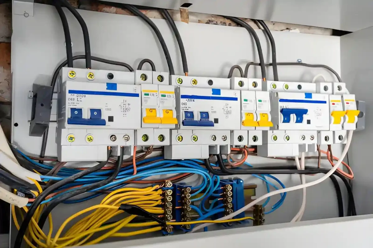Qualified electrician performing EICR inspection in a residential property to check electrical safety and compliance standards.