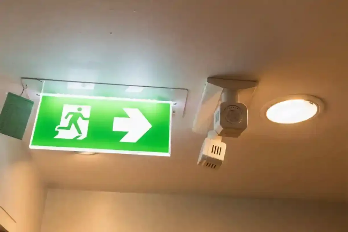 Emergency lighting guiding people safely during a building evacuation