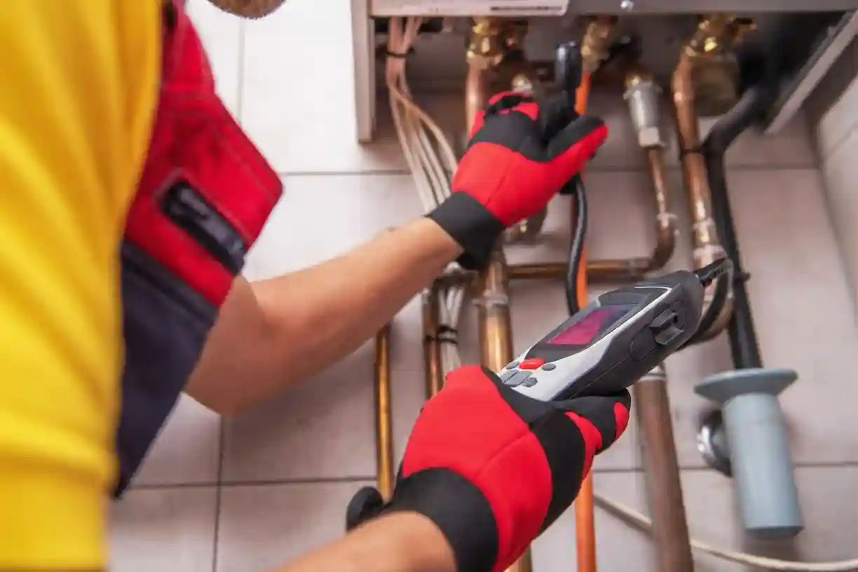 Gas engineer performing annual gas safety check on a boiler in a rental property