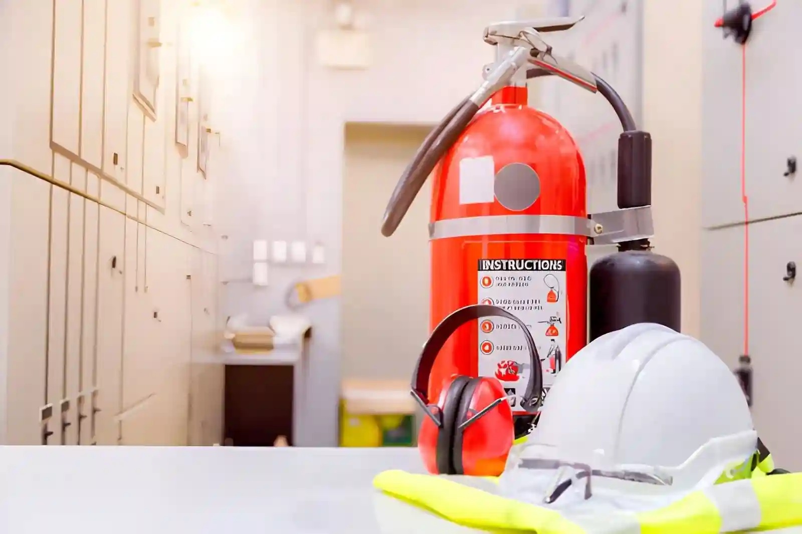 Fire safety equipment in a commercial building for protection.