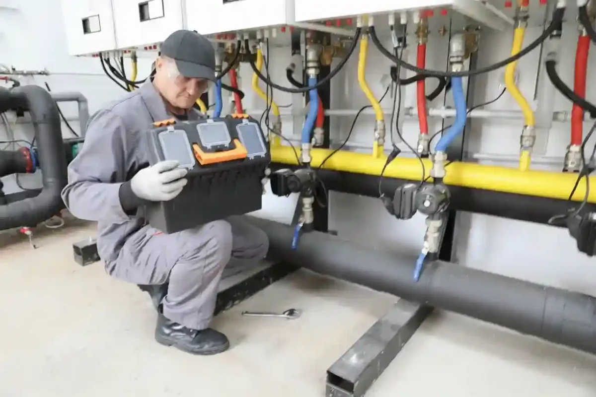 Gas engineer inspecting boiler and checking safety compliance in a rental property