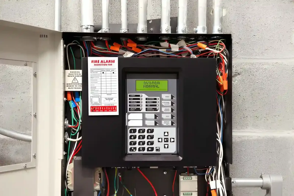 Technician checking fire alarm system in building