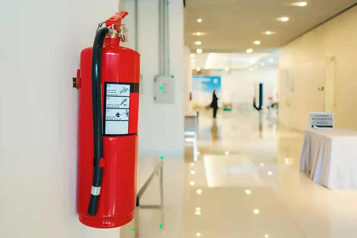 Fire extinguisher showing pressure gauge and inspection tag for maintenance check